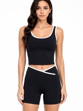 A669. Black & White Contrast Crop Tank and High-Waist Biker Short Set